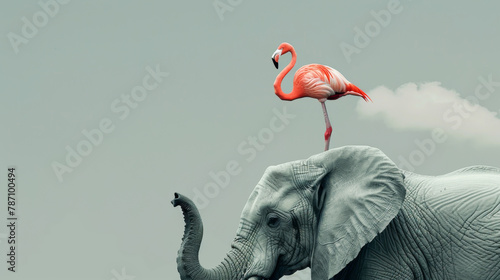A pink flamingo is perched on the back of an elephant