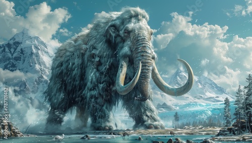 A colossal mammoth stands in a snowy field, blending perfectly with the natural landscape. Its towering presence creates a breathtaking artwork against the cloudy sky