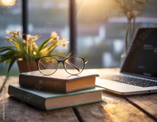 Senior middle-aged reading glasses on piles of books, concept of lifelong learning - approach to learn new things - continuous and self-motivated education