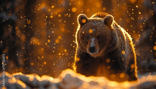 A carnivorous organism, the brown bear, with its thick fur and powerful snout, is adapted to survive in the snowy woods of the natural landscape as a terrestrial animal