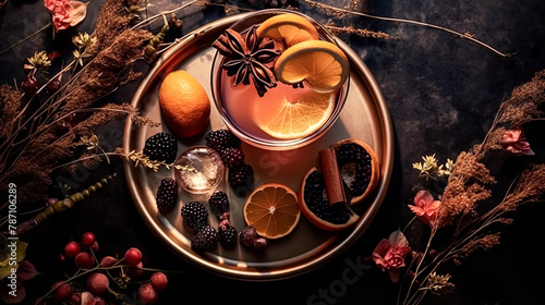 A tray of fruit and a drink with a sprig of rosemary on top
