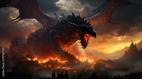 Fantasy landscape with a dragon and a castle in the background.