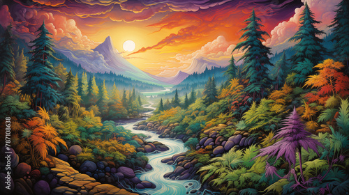 Surreal Autumnal Landscape with Winding River at Sunset