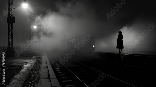 A person standing on a train track engulfed in thick fog, creating a mysterious and potentially dangerous atmosphere