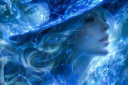 A woman's face made of water with a blue hat.