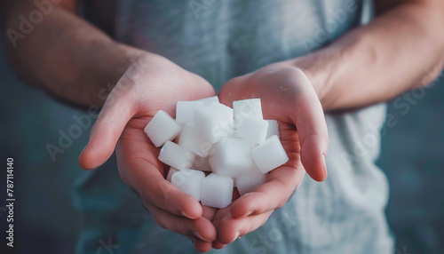 A man holding a handful of sugar cubes.