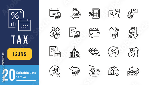 Set of Tax Related Vector Line Icons. Contains such Money Report, Interest Rate, Tax Return and more. Editable Stroke.