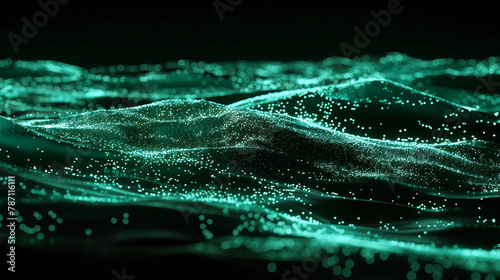 Bioluminescent tide of green particles on dark backdrop.