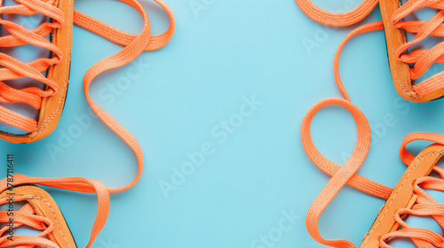 Stylish orange shoe laces on light blue background top