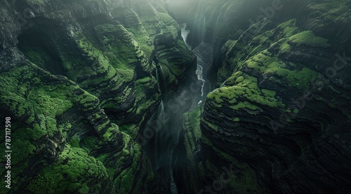 beautiful aerial shot from the sky featuring natural huge beautiful big green mountains with waterfalling into a river flowing between the eco friendly green forest