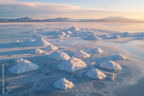 Aerial view of salt crystals in greenland on the Uyuni Salt Flats in Los polygonos de bike and S Browne from an aerial perspective during sunset in the evening