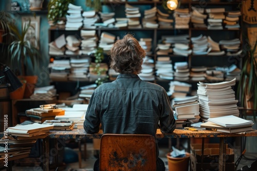 A contemplative individual, possibly a book aficionado or writer, is surrounded by orderly stacks of books