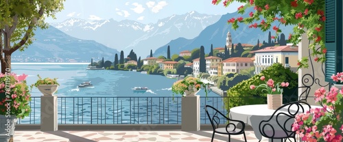 illustration of the balcony view over lake como, italy, with italian buildings and trees in autumn colourway, cozy, detailed, vector art, high resolution, no background elements, sunny day