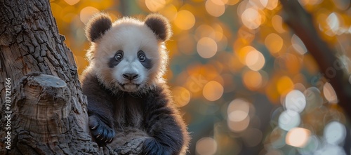 The carnivore panda bear, a terrestrial animal, is sitting on a tree branch in a natural landscape. Its fur, tail, snout, and whiskers are visible as it gazes at the camera