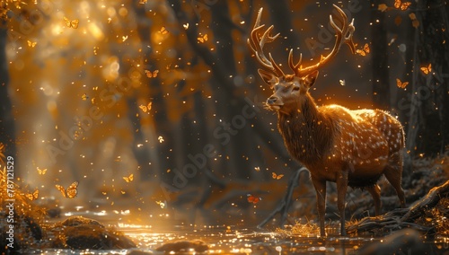 A terrestrial animal with antlers, a deer, stands gracefully in the midst of a natural landscape filled with woodland, grass, and wildlife in a heatfilled forest