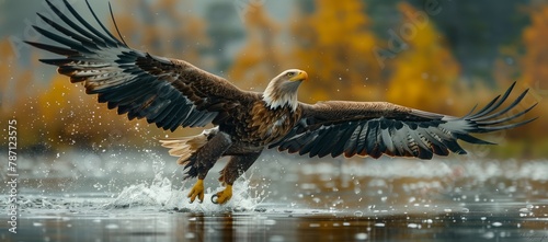 An Accipitridae bird, specifically a bald eagle of the Accipitriformes order, is soaring over a body of water with its wings spread wide