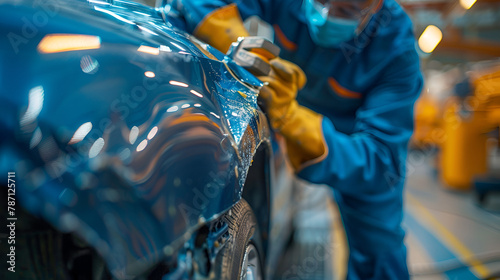 Auto body repair specialists are hard at work using knowledge and tools to fix a dent in the car's fendertheir, generative Ai