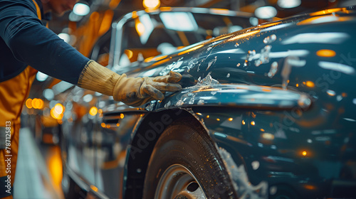Auto body repair specialists are hard at work using knowledge and tools to fix a dent in the car's fendertheir, generative Ai