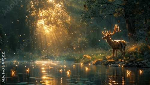 A deer is standing by a river in a natural landscape surrounded by trees and grass. It is a peaceful scene with a fawn nearby