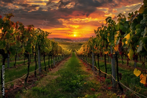 A Close up view of a Vineyard on a hill at sunset