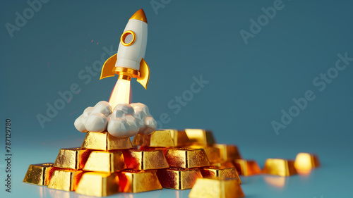 A rocket launching from a stack of gold bars.