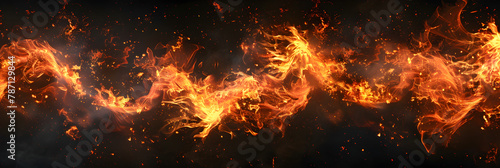 Abstract fire and smoke at night panoramic banner of burning pattern isolated on black background Concept of flame texture.
