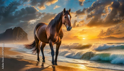A brown horse standing on top of a sandy beach under a cloudy blue and orange sky with a sunset 