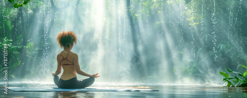 Beautiful woman meditating outdoors in the morning. Yoga, Pilates and healthy lifestyle concept.
