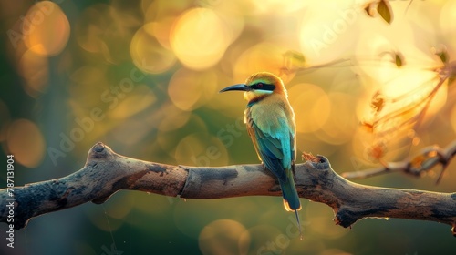 Blue-tailed bee-eater perched on a fallen dead tree branch, bathe in the warmth of the evening sunlight. Cute bee-eater bird isolated against a soft natural bokeh background