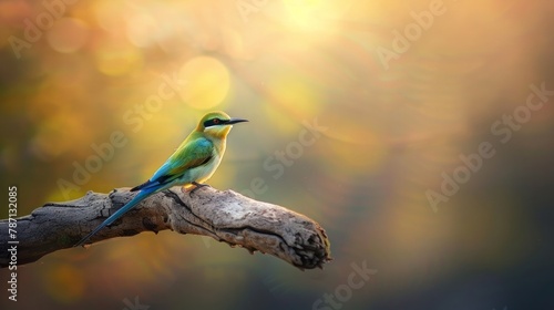 Blue-tailed bee-eater perched on a fallen dead tree branch, bathe in the warmth of the evening sunlight. Cute bee-eater bird isolated against a soft natural bokeh background
