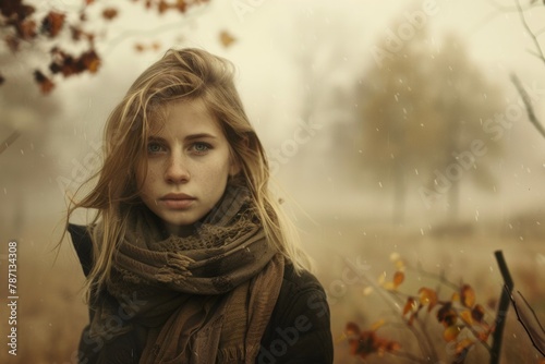 A solitary woman shrouded in autumnal mist merges with the foggy backdrop her introspective expression epitomizing melancholic solitude