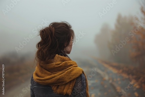 A melancholic woman in warm autumnal tones stands alone on a foggy morning her contemplative gaze lost in the distance