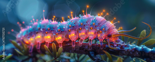 A neon caterpillar with glowing spines perched on a branch, sparkling with dew at twilight.