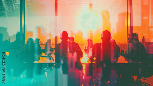 Teamwork and strategy planning captured in a double exposure of corporate people discussing in a conference room, abstract business concept