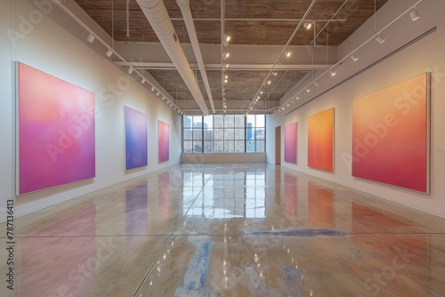 Art gallery with large abstract paintings creating a gradient of colors along the walls