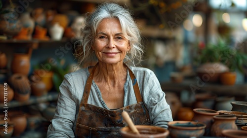 Smiling mature caucasian female sculptor making ceramic pottery with wooden stick