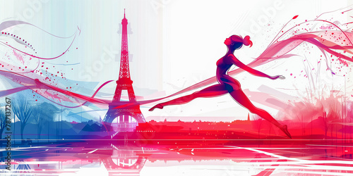 The Olympic Games in Paris France 2024. An elegant gymnast demonstrates graceful exercises and jumps, waving a ribbon, against the background of the Eiffel Tower.