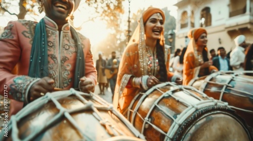Indian woman and men plays dhol on the street during Baisakhi festival, banner