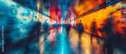 A rush of life depicted in a bustling modern corridor with motion blur, capturing the fast pace of urban existence, the transient nature of time