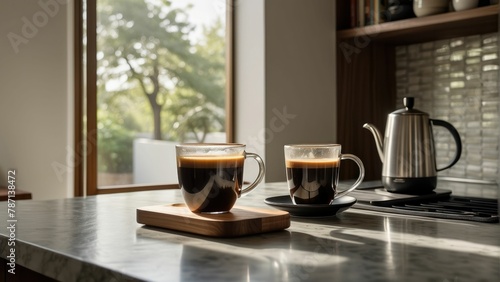 Ceramic mug of freshly brewed pour over coffee in a serene kitchen setting