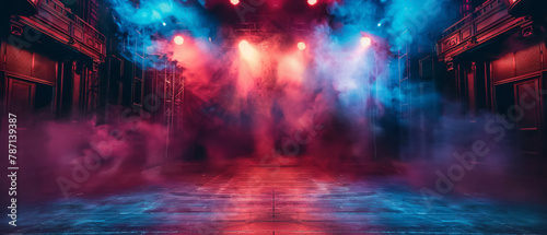 Dramatic and empty performance stage, atmospheric colored lighting ready for the show, the tension of anticipation, and artistic expression