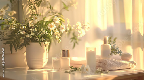 Gentle morning skincare routine, natural beauty products, soft lighting, tranquil and soothing, a focus on wellness and self-care