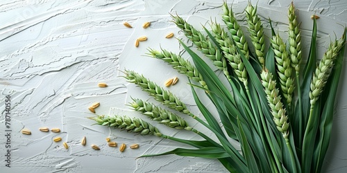 Bright green wheat spikelets on a white background.
