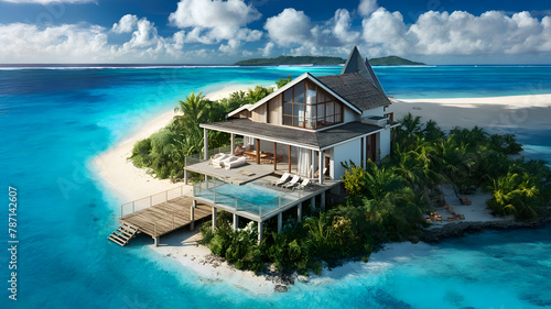  luxurious tropical bungalow, nestled on a private island aroung azure clear water. travel and relax concept. Ai generated
