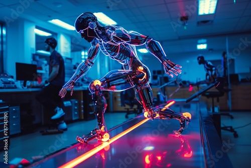Biomechanical analysis with motion capture sensors, dynamic angle, well-lit lab, athlete in motion