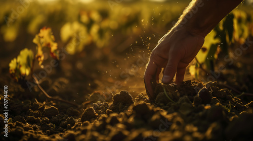 Hand touching soil in vineyard at sunset. Agriculture and viticulture concept. Design for wine industry, educational agricultural content.