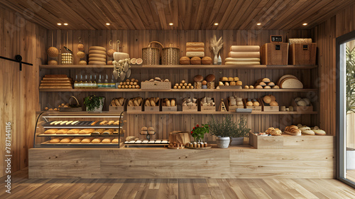 Eco-friendly bakery store with wooden wall parquet floor, generative Ai