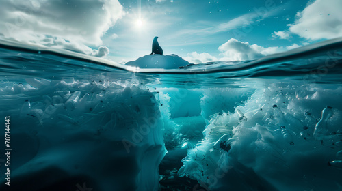 Seal on an iceberg with plastic pollution floating in the ocean. Environmental impact and marine ecosystem concept. Design for conservation awareness, poster, banner.