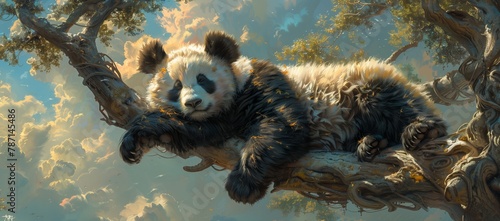 A terrestrial carnivore, the panda bear relaxes on a tree branch. Its fur is black and white, resembling an artists painting. Its snout is unique among carnivores in the Felidae family