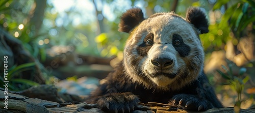 A carnivore panda bear is peacefully laying on a rock in the woods, gazing at the camera amidst a natural landscape of grass and trees